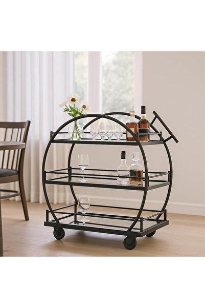 genric عربة بار دائرية مقوسة من FFD بثلاث طبقات، أرفف زجاجية، لون أسود غير لا...