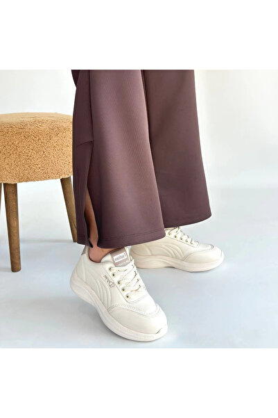 ZENGEZUR MALL Mtxdpn Yejja Beige Leather Lace-Up Sneakers (153636) (Size: 37)