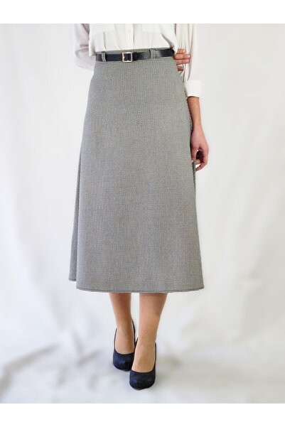 YAXİ Belt-Detail Midi-Length Loose Checked Seasonal Woven Skirt