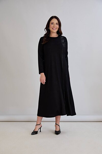 QUAWEAR Φόρεμα πλήρους μήκους από χτενισμένο βαμβακερό ύφασμα με λεπτομέρεια από πέτρα με τύπωμα με στρογγυλή λαιμόκοψη και πλαϊνά κορδόνια