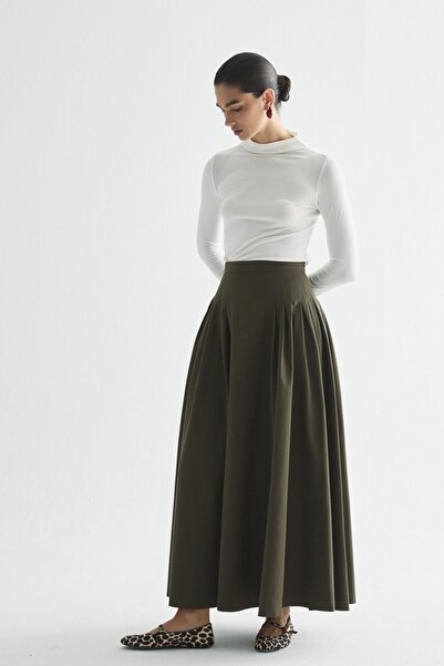 Zeyyen YANLARI SIK PİLELİ KANVAS ETEK HAKİ