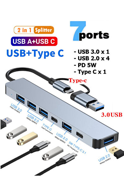 ANKTEK 7 Port Usb/Type-C Hub 7 in 1/2 Çevirici Çoklayıcı USB-C/USB 2.0-3.0 Switch Data