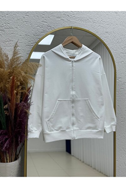 MİHRA STORE Dorora Two String Zippered Hooded Cardigan-Zi̇3099 White