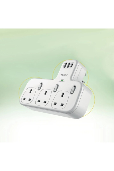 Denx قسام كهرباء ثلاثي مع منفذين USB ومنفذ PD م/DX871 ماركة دينكس