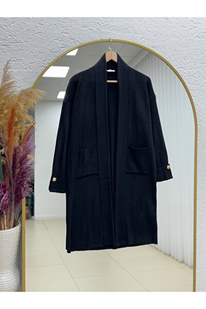 MİHRA STORE Alicia Double Pocket Sleeve Gold Button Corded Fabric Long Cardigan-Zi̇5212 Black