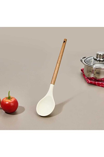 elfnur Acacia Handle Silicone Serving Food Spoon Hard Tip Heat Resistant Fireproof Non-Stick