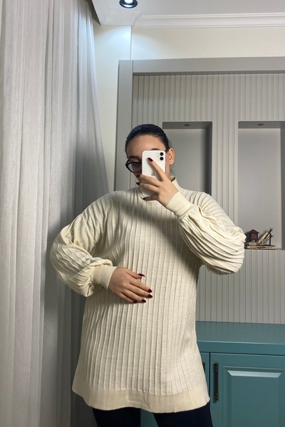 Auroveen قصة فضفاضة تونيك تريكو ذو نسيج عمودي بنصف ياقة دائرية وأكمام بالون A...