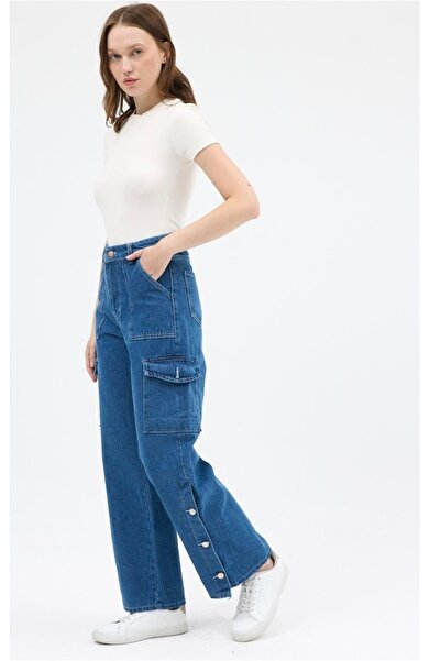 MODA Mavi Kadın Paça Düğmeli Yüksek Bel Jean Kargo Pantolon