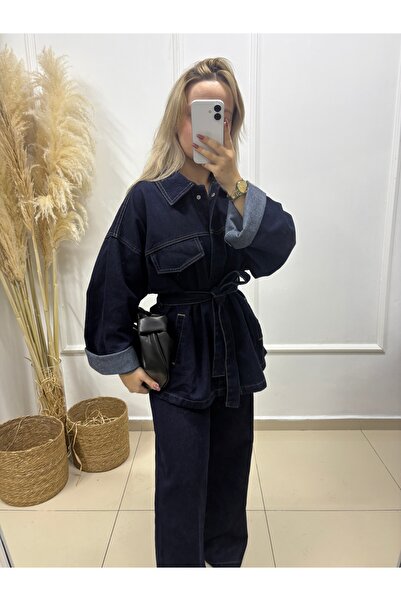LİSAA BUTİK Tie-Up Dark Blue Jacket Pants Denim Set