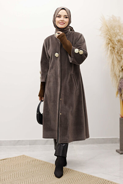 Tesettür Dünyası Angora Fox Coat with Sleeve Tip Knitwear Detail Tsd250246 Brown