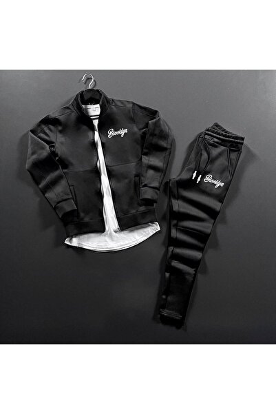 NOFLEN Brooklyn Elyazı Printed Scuba Zippered Black Tracksuit Set