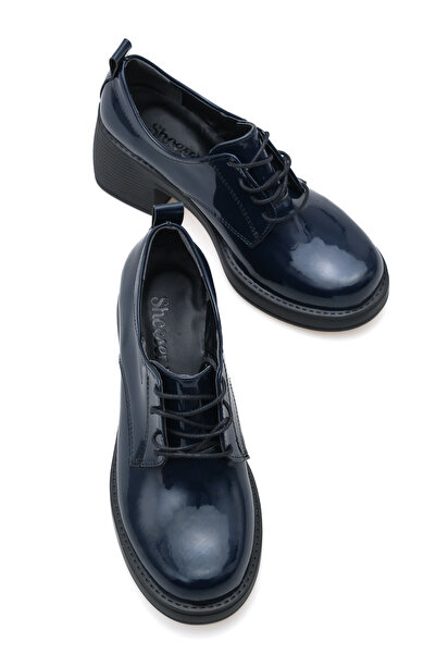 Shoesers Жіночі спеціальні дизайнерські туфлі на платформі з каблуком, витонченими шнурками, синього кольору, з лакованої шкіри, мокасини
