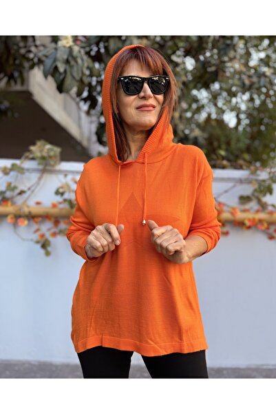 DenizEge Kapüşonlu Yıldızlı Triko Turuncu