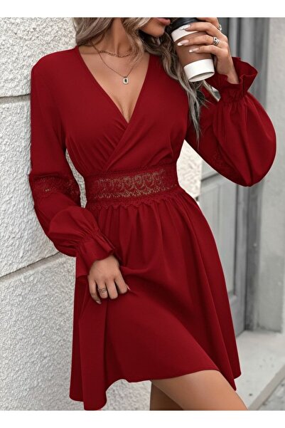 buğrahayalin Women's Long Sleeve Double-Breasted Collared Lace Zipper Detailed Mini Imported Crepe Dress