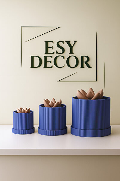 CasEsy ESY DECOR 3’lü Ribli Modern Saksı Seti – Mavi Minimal Çizgili Dekorati...