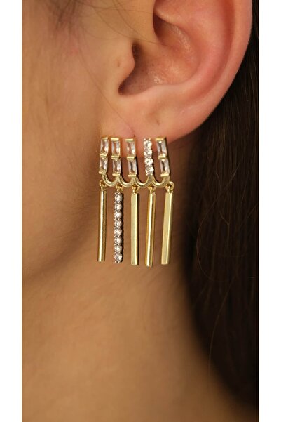 Jerie Gold Zircon Stone Dangle Detail Design Earrings