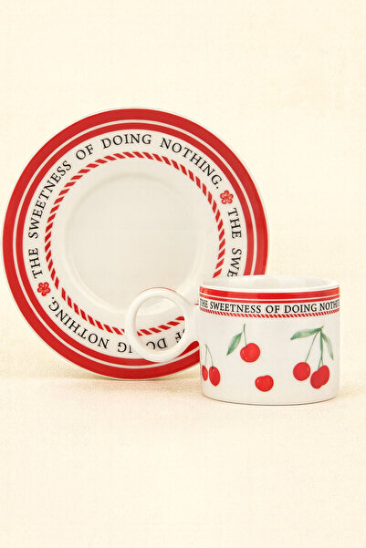 Mirilliahome Set of 2 Cherry Pattern Porcelain Coffee Cups and Saucers