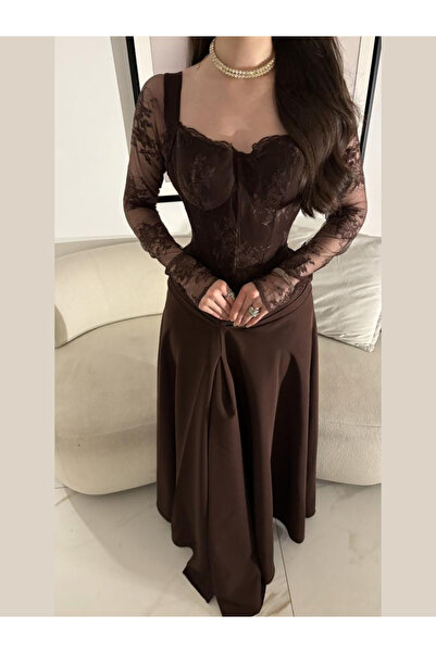 TREN Brown lace evening dress, long sleeves, corset, A-line formal gown, elegant wedding dress