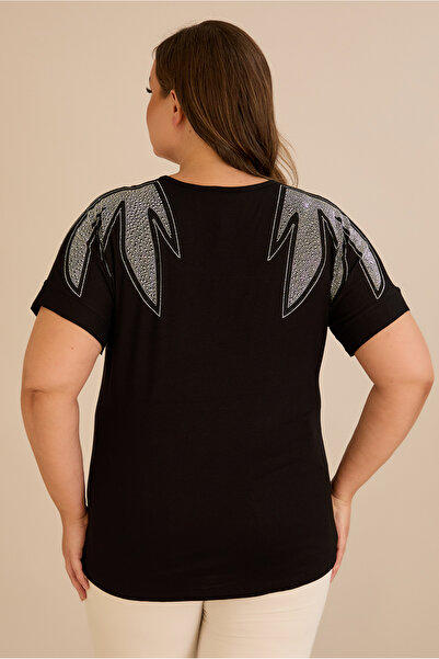 FOR ESRA BIG TREND Women's Plus Size Front Back Rhinestone Leaf Pattern Bat Short Sleeve V-Neck Stretchy Blouse