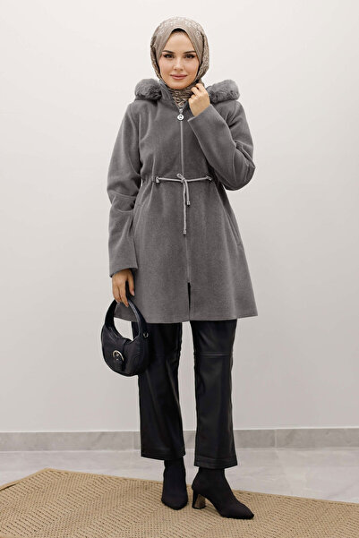 Tesettür Dünyası Hooded Zippered Fox Coat Tsd250238 Gray