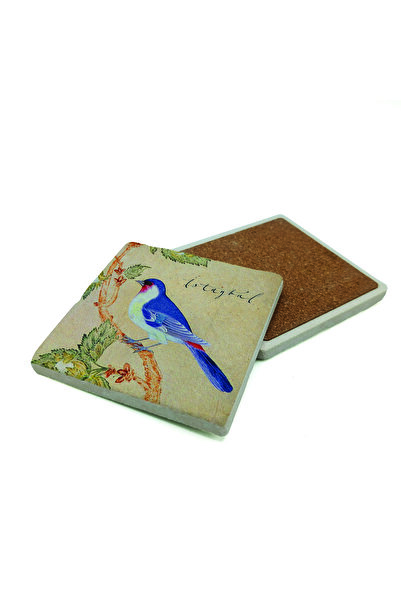 Sadrazam Nightingale Bird Drawing Printed Natural Stone Coasters 10cm X 10cm |   Krt-68