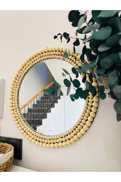 Handmade Ahşap Bonccuklu Ayna 40 cm Konsol ayna Antre Ayna Yuvarlak Ayna Dres...