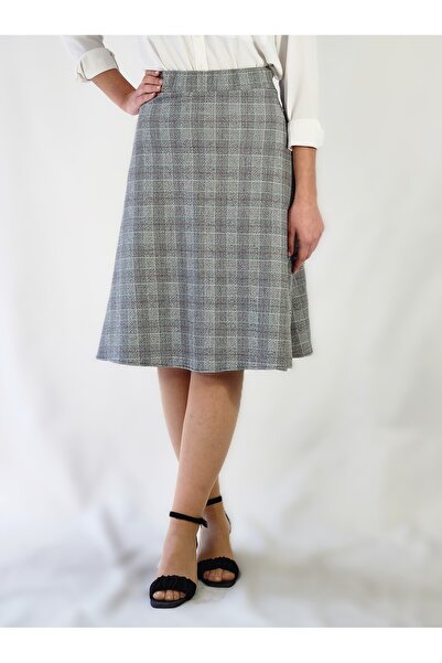 YAXİ Gray Plaid Flawless Skirt with Elastic Waist and Flawless Bottom