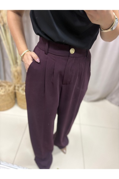 LİSAA BUTİK Premium Series Gold Button Detail Waist Elastic Palazzo Pants