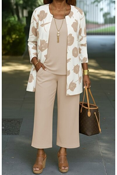 JANES Women's long sleeve open front modal jacket sleeveless viscose two-thread blouse and pants three-piece set