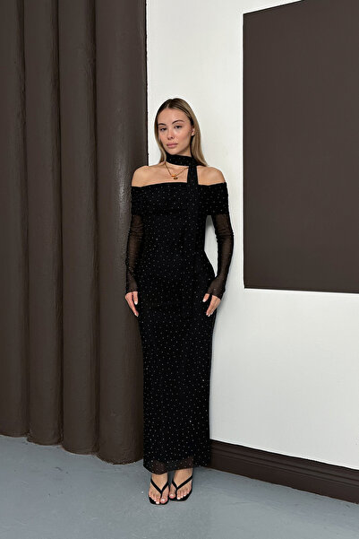 MOZENA Fularlı Madonna Yaka İç Astarlı Taşlı Tül Uzun Elbise