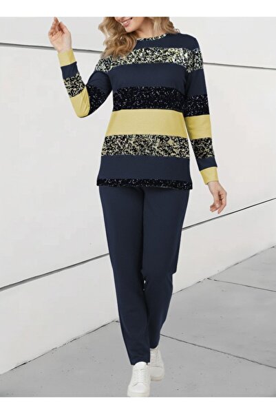 JANES Women's Long Sleeve Crew Neck Striped Pattern Two Thread Blouse and Pants Two-Piece Set