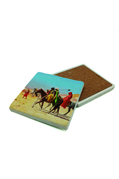 Sadrazam Horses in the Desert Picture Printed Natural Stone Coaster 10cm X 10cm |   Krt-135