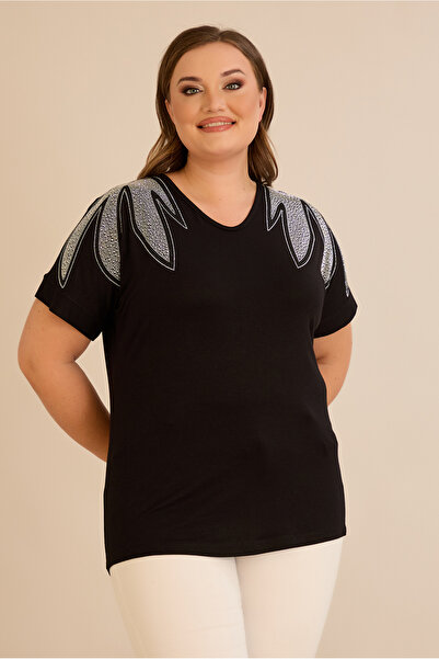 FOR ESRA BIG TREND Women's Plus Size Front Back Rhinestone Leaf Pattern Bat Short Sleeve V-Neck Stretchy Blouse