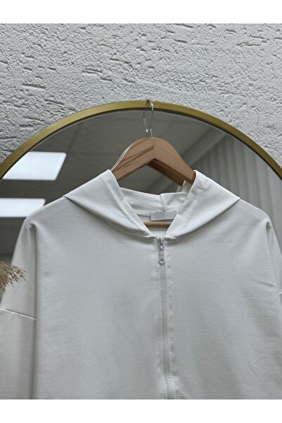 MİHRA STORE Dorora Two String Zippered Hooded Cardigan-Zi̇3099 White