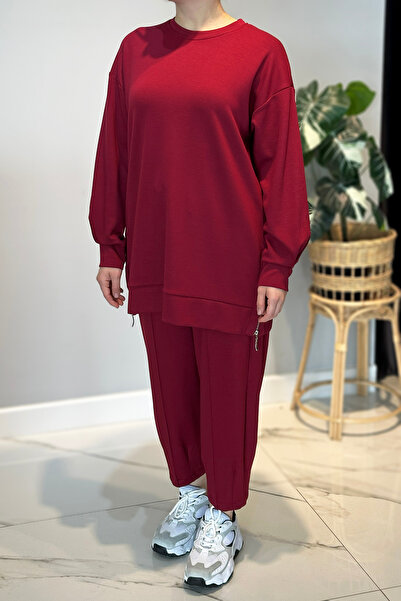 Lale Butik Combed Cotton Suit with Side Zipper Detail 2034 Claret Red