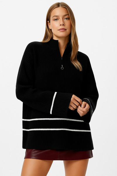 CLOUDY WEAR&DESİGN Women's Turtleneck Striped Side Slit Zippered Knitwear Sweater
