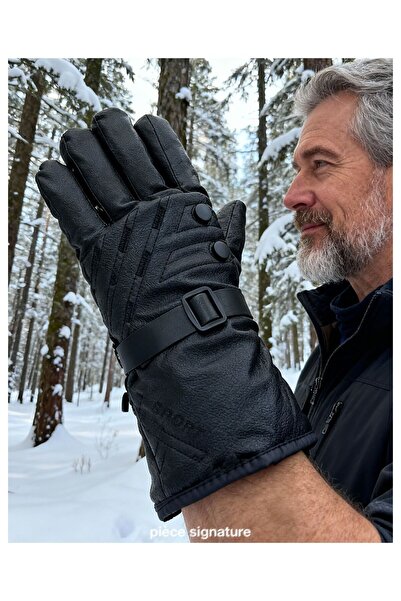 Kardelen Butik Denizli Men's Inflatable Faux Leather Biker Gloves with Fur Inside