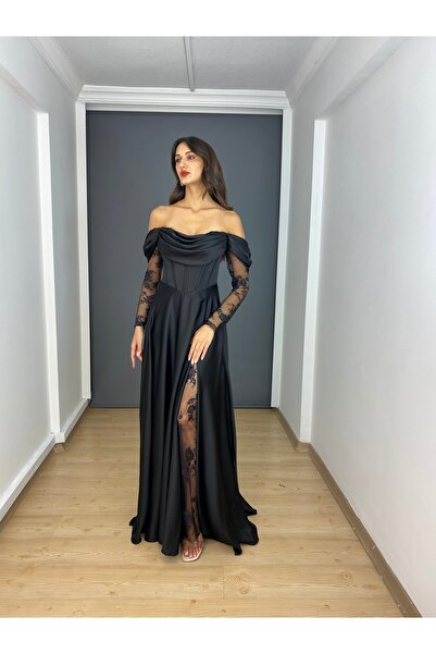 gökkuşagı moda Siyah Saten Kayık Yaka Uzun Kollu Dantel Detaylı Uzun Abiye El...