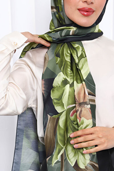 İmajButik Oil Green Patterned Soft Digital Shawl