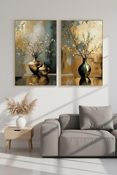 Linacci 2-Piece Gold Metal Frame Cobalt Stylish Flower Glass Painting Set