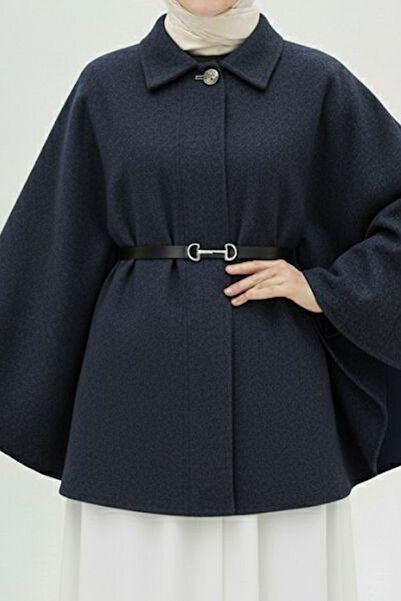 İmajButik Navy Blue Belted Cashmere Poncho
