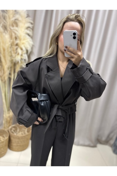 LİSAA BUTİK Premium Series Dark Brown Short Trench Coat