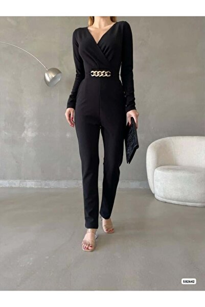 Modafeminen Crepe stretch fabric Double-Breasted neckline front chain detailed jumpsuit dress 582642 black