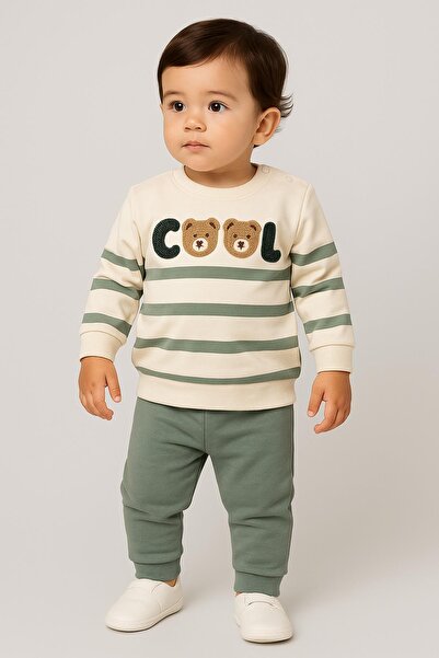 dinamik çocuk Baby Boy Cool Teddy Bear Süzene Embroidered Transitional 2-Thread Top and Bottom 2-Piece Set 3-6-9-12 Months Old