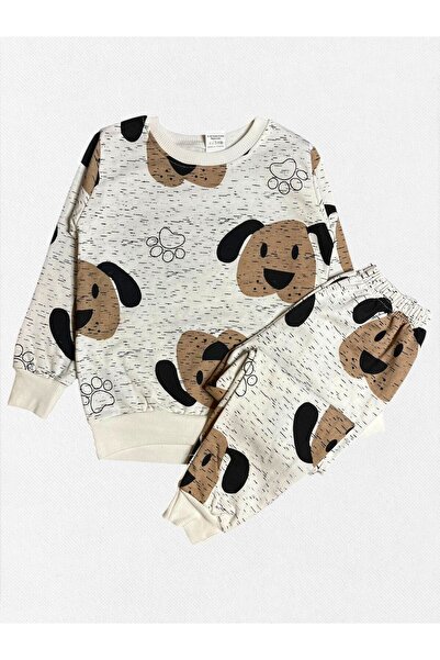 Fil Kids Boys' 100% Cotton White Color Doggy Paw Patterned Long Sleeve Fleece-Lined Winter Pajamas Set