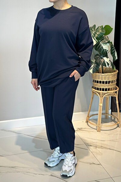 Lale Butik Combed Cotton Suit with Side Zipper Detail 2034 Navy Blue