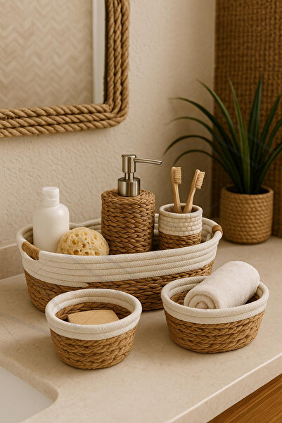 NEWNOW Coș de organizare din răchită cu margini din material textil – Organizator multifuncțional din plasă naturală (3 dimensiuni)