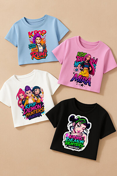 MECH BUTİK Demon Hunters Huntrix Printed Cotton 4-Piece Crop-Top Set 4-Piece Crop-T-Shirt