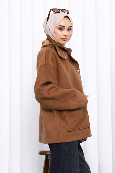İmajButik Camel Zippered Lined Oversized Cashmere Coat