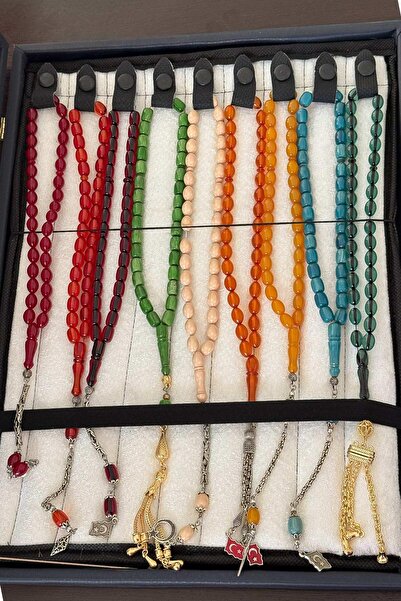 TESBİHKENTİ 9 Pieces of Crimping Amber Set in a Special Leather Covered Box